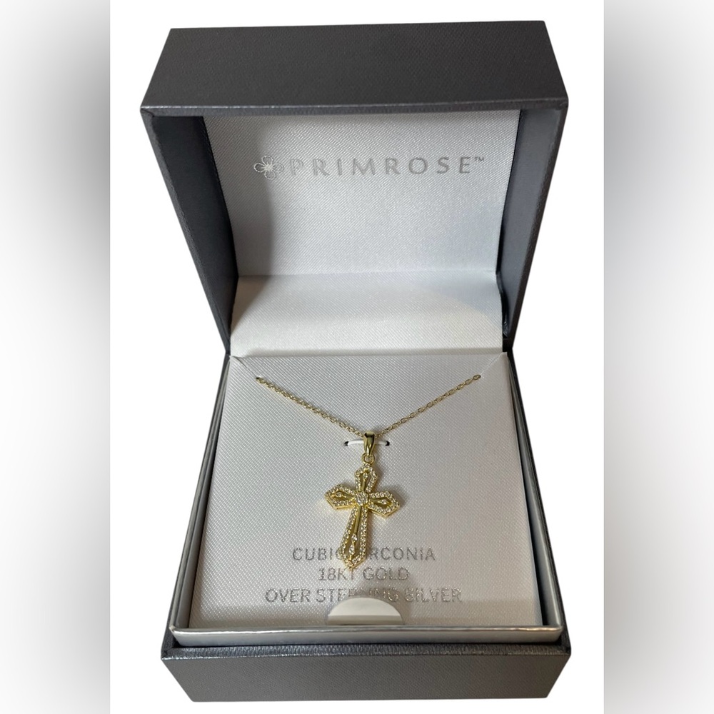 18K Gold Over Sterling Silver Cubic Zirconia Cross Pendant Necklace Primrose